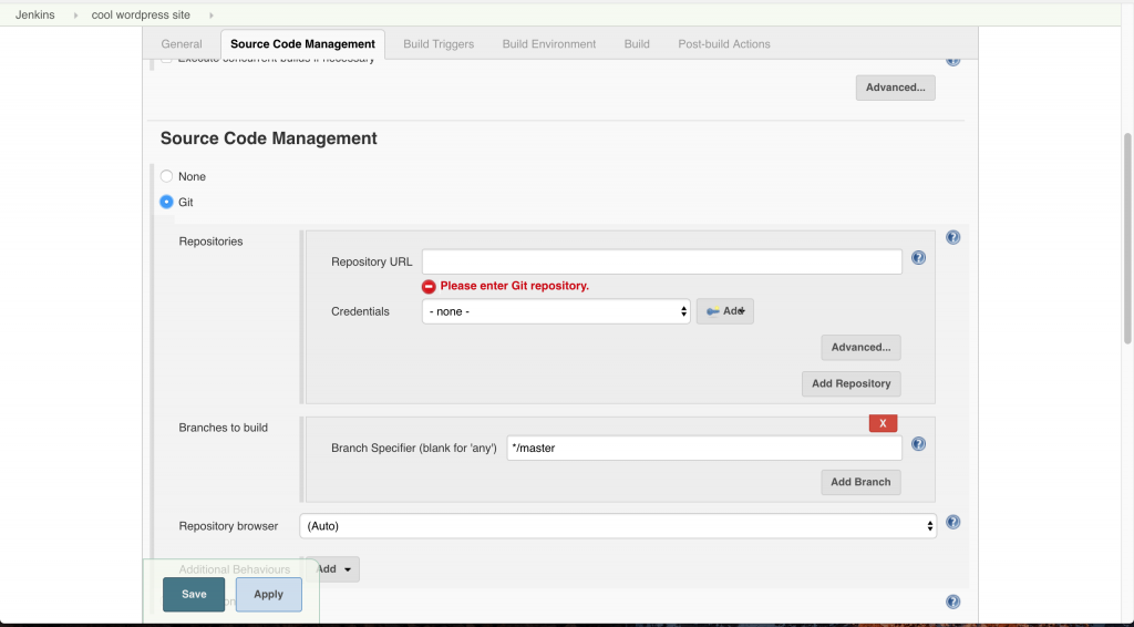 Configure source code management - choose git and fill in details